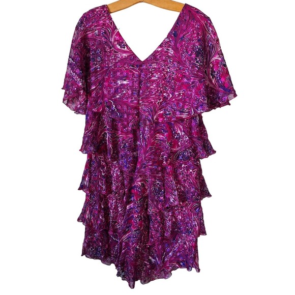 Vintage 70s/80s Hot Pink/Purple Swirl Ruffled Flutter Sleeve Dress Women Size L - Picture 10 of 10